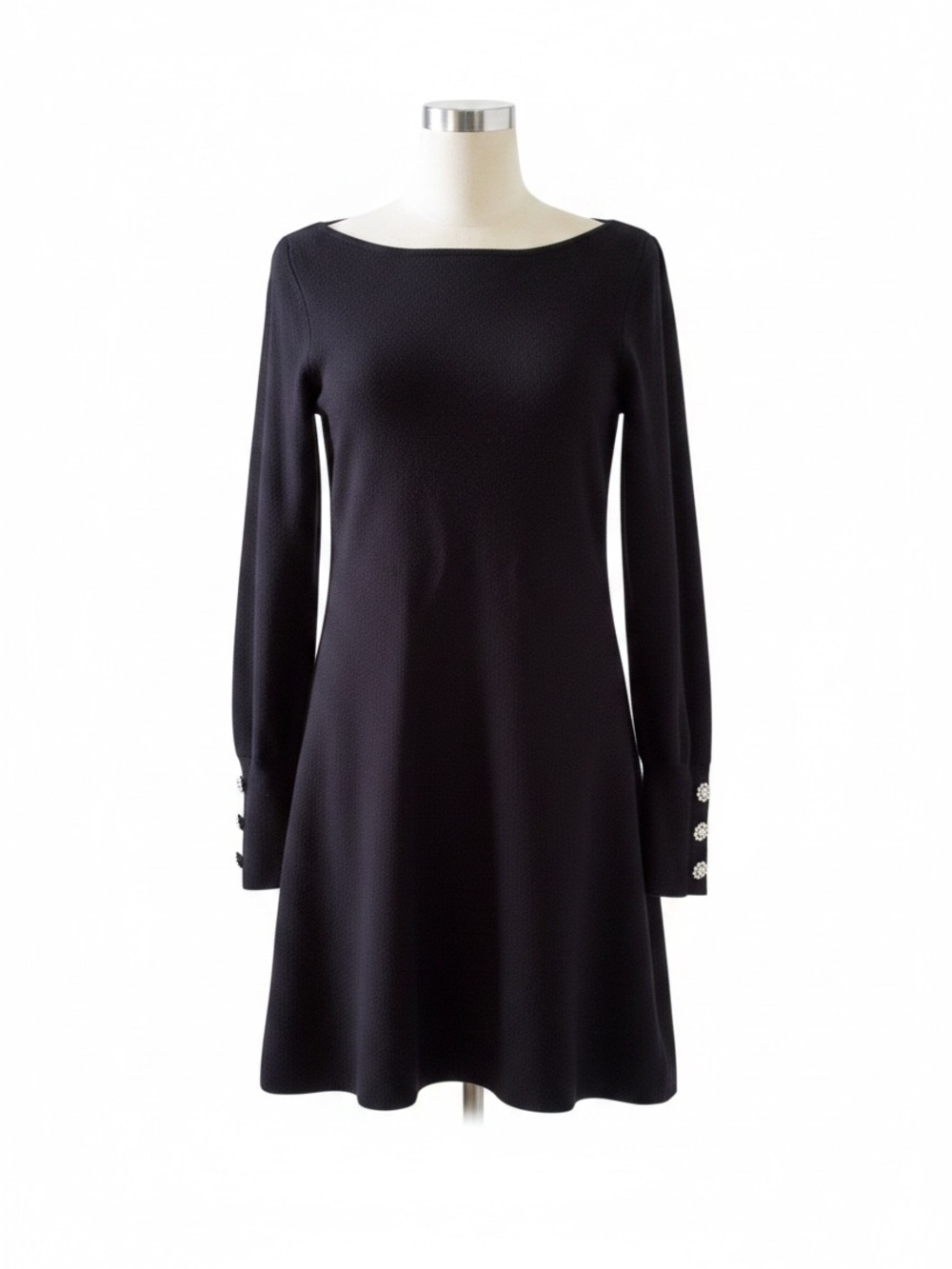 Tahari Black Long-Sleeve A-Line Dress with Decorative Cuff Buttons